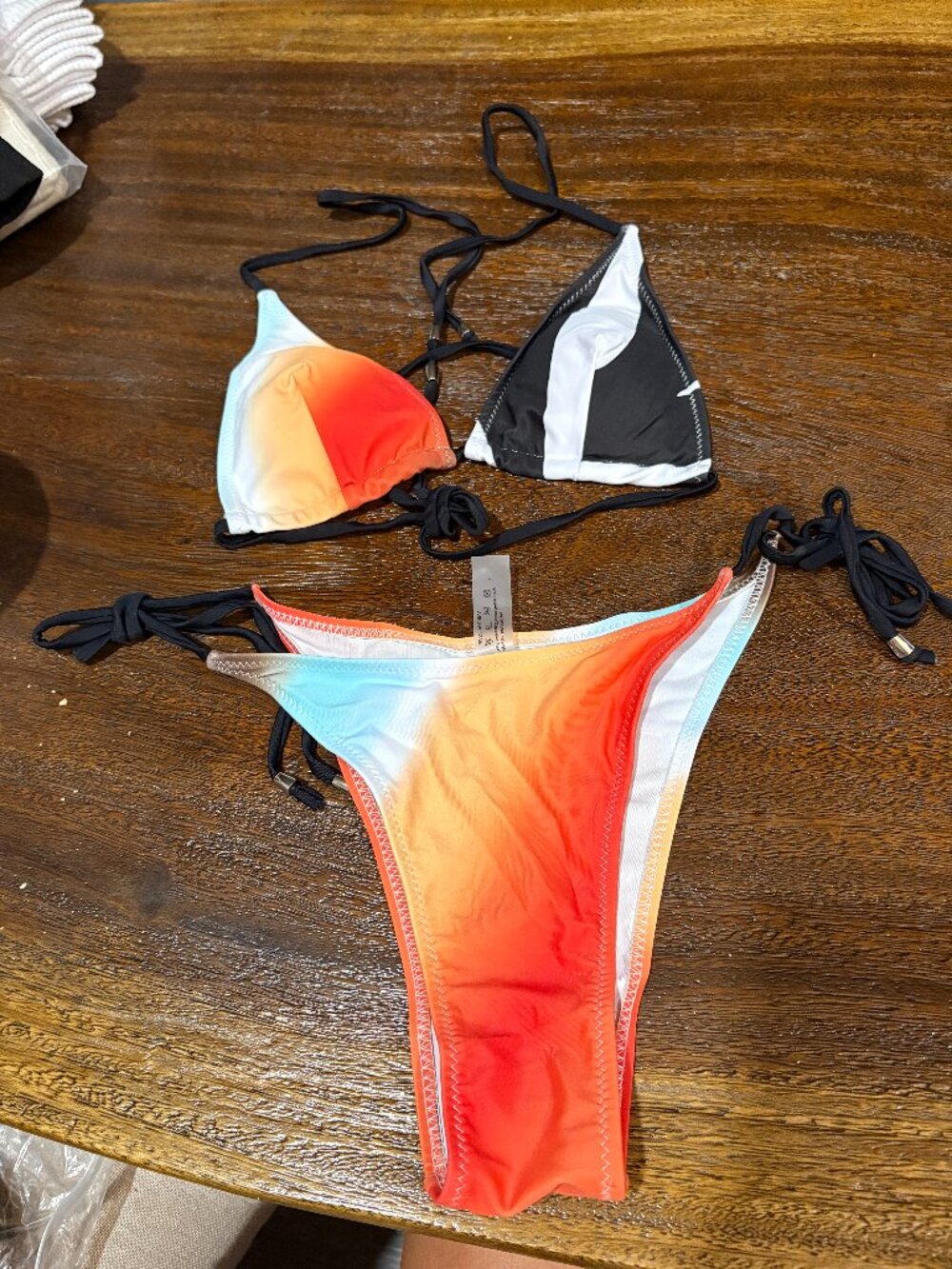 Black White / Orange Fade String Bikini Swimsuit sz Large Triagnle Top Strings